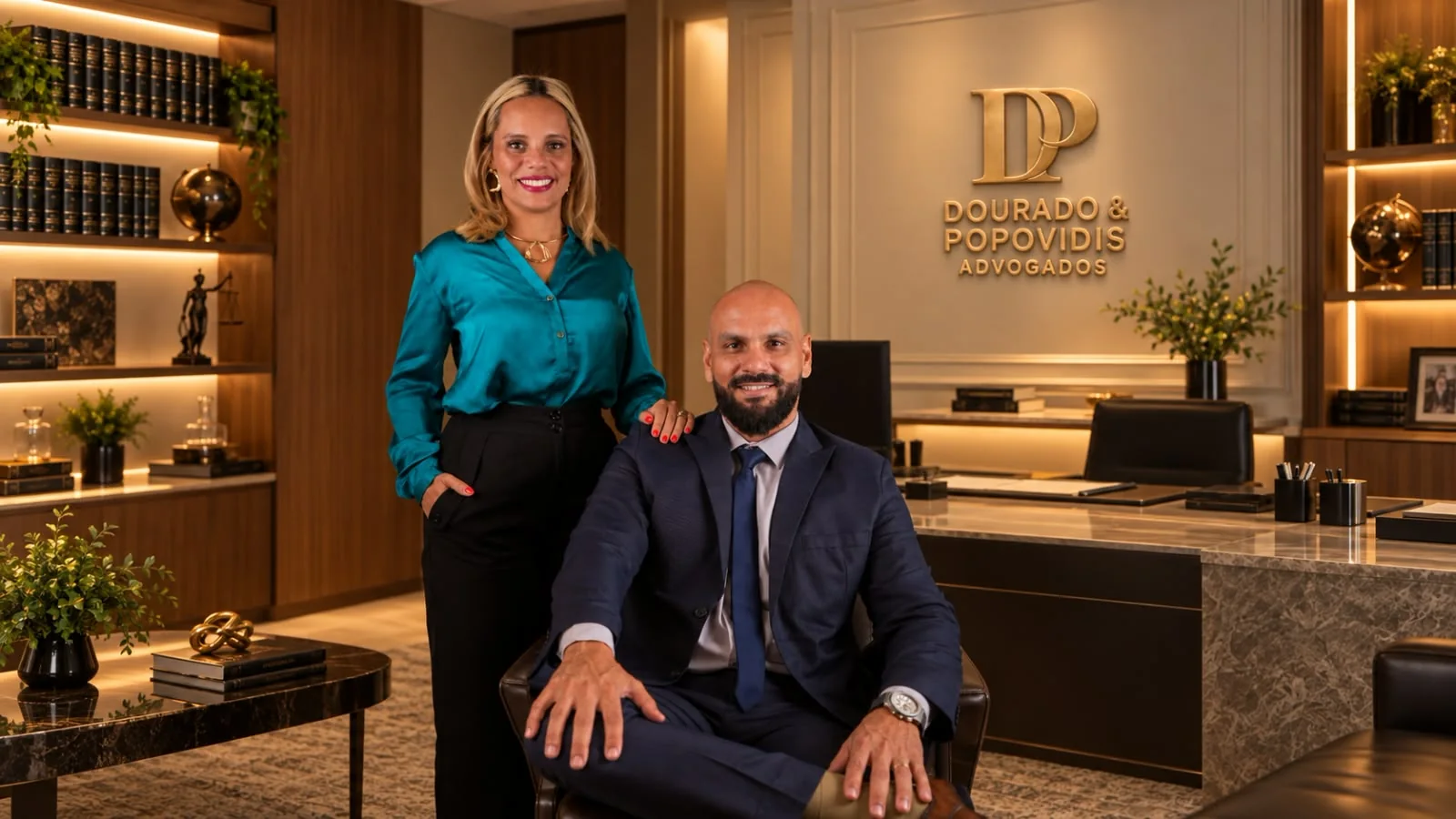 Dra. Danielle Dourado Popovidis e Dr. Adriano Popovidis, sócios de Dourado & Popovidis Advogados